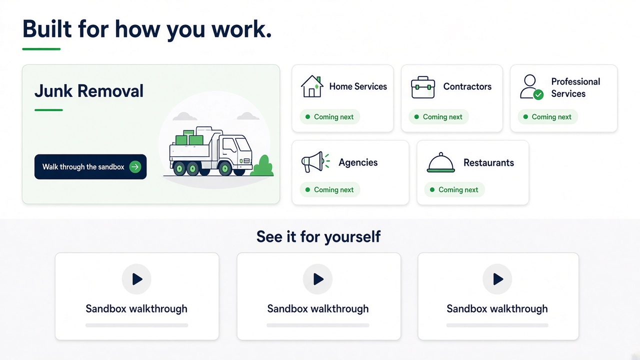 Industries: junk removal featured, other industries coming next