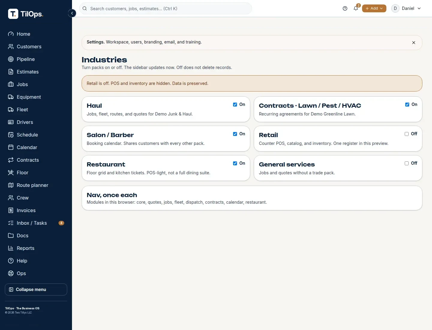 Menu with pack screens