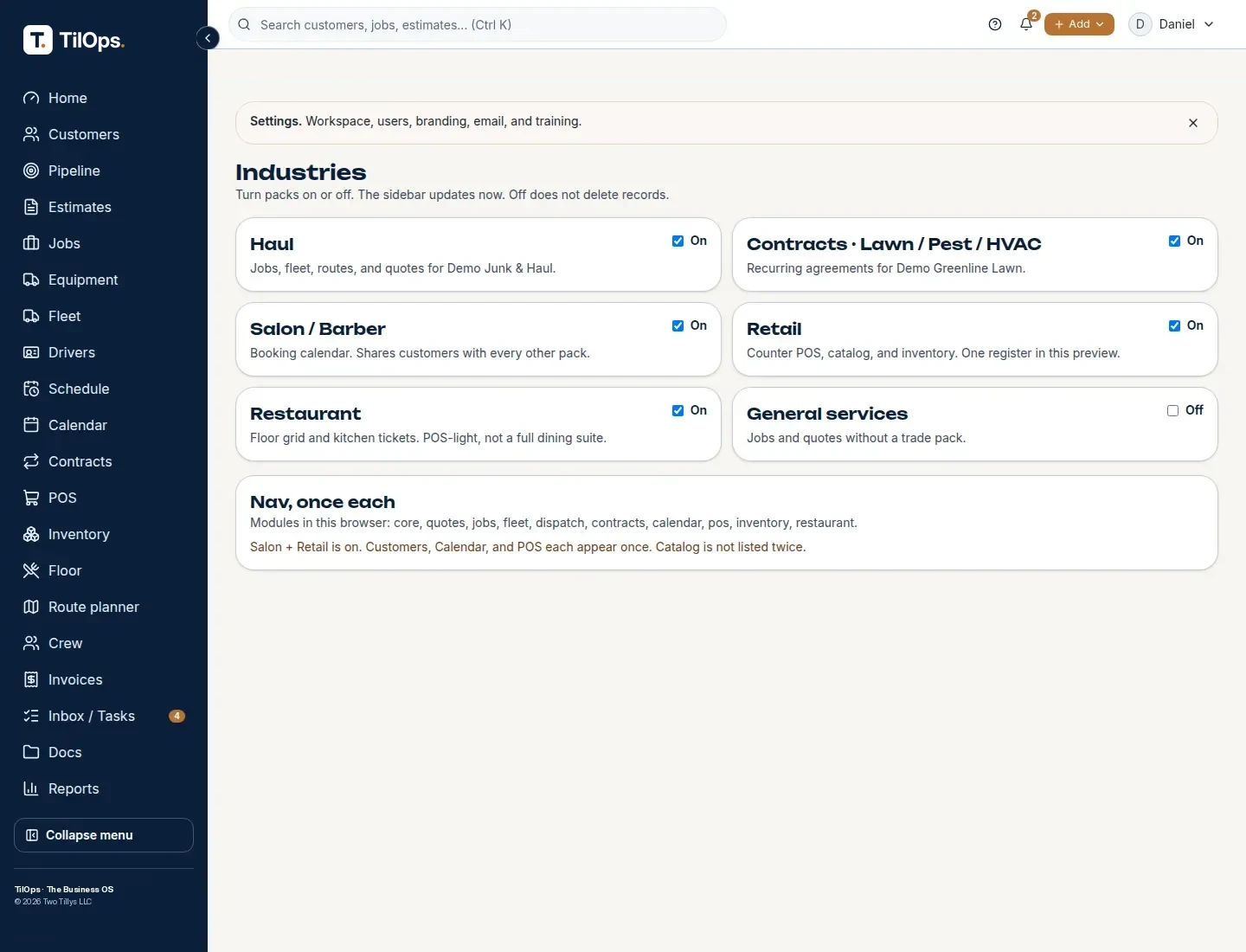Live Settings screen with packs and options