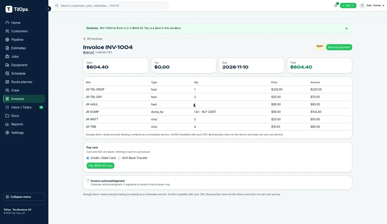 Live invoice with a Stripe pay link