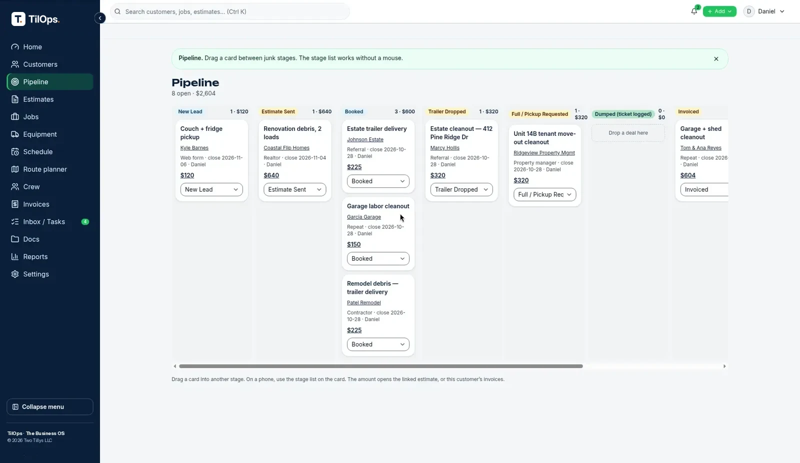Contractors pack main screen